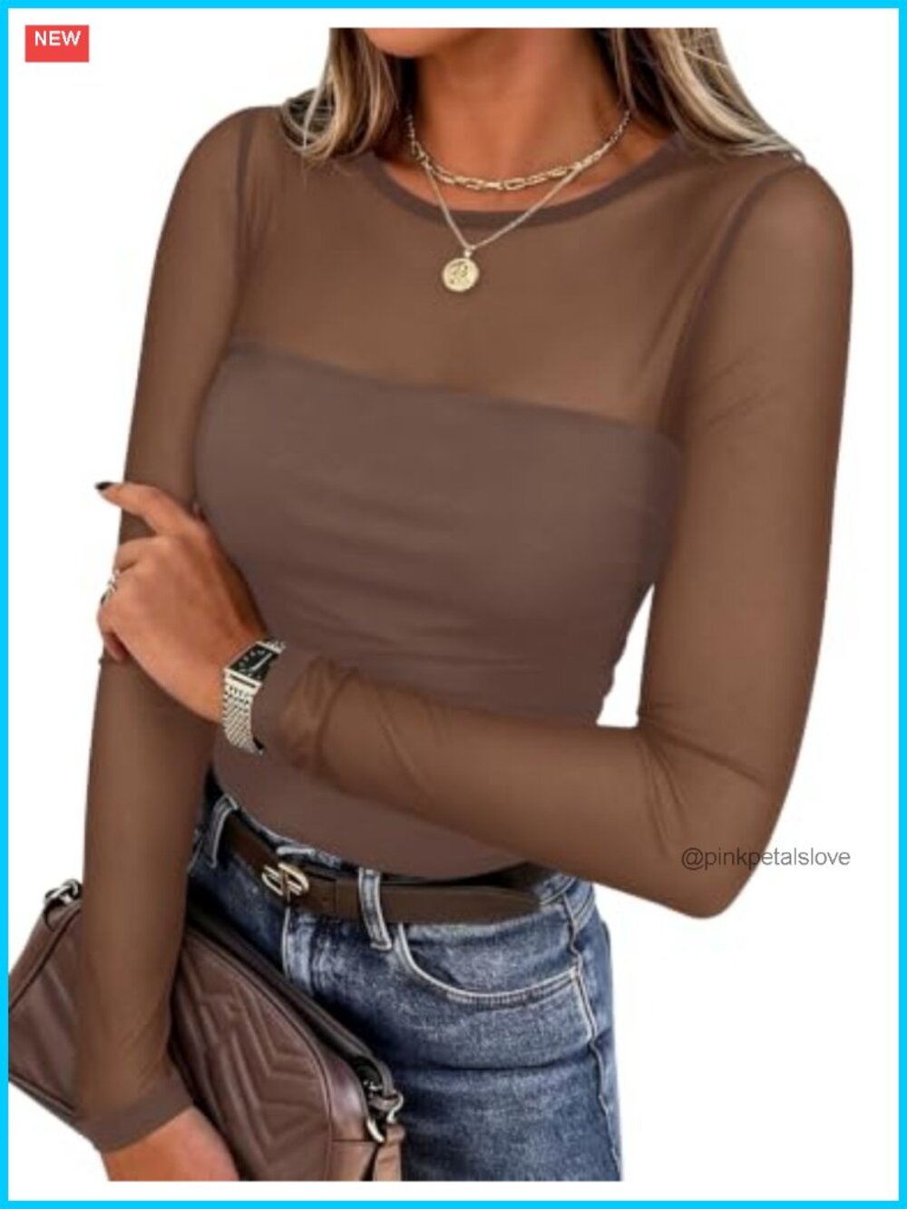 Sheer Mesh Blouse - Long Sleeve Round Neck Pleated Top for Going Out